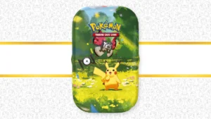 Mini lata 30.º aniversario Pokémon - Inglés - Pikachu de día - Portada Mini lata individual Celebración 30.º Aniversario Pokémon TCG en inglés, diseño Pikachu de día, sobre fondo blanco y dorado
