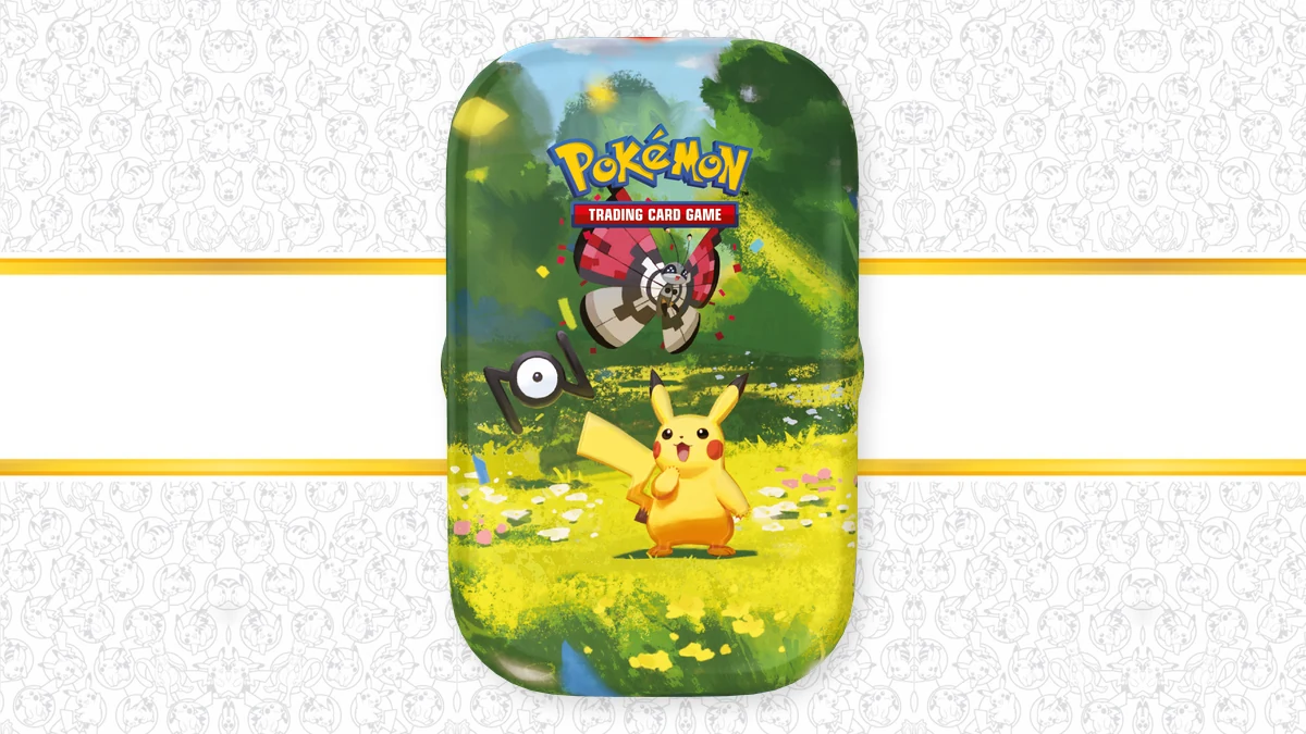 Mini lata individual Celebración 30.º Aniversario Pokémon TCG en inglés, diseño Pikachu de día, sobre fondo blanco y dorado