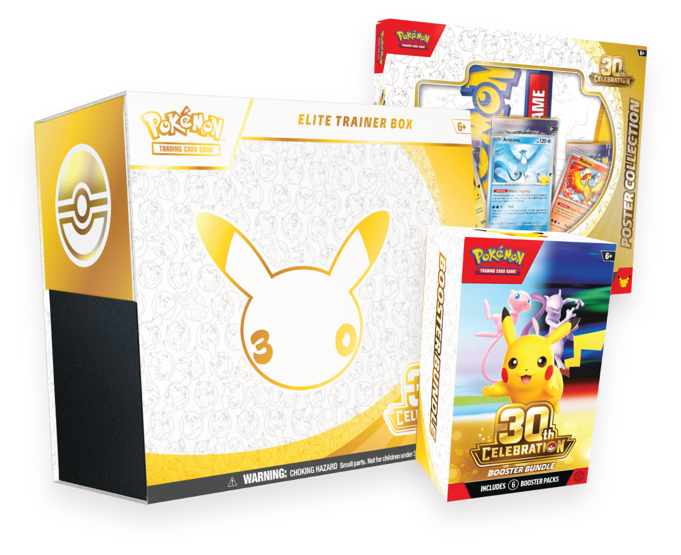 Composición de productos Pokémon TCG Celebración 30.º Aniversario en inglés: Caja de Entrenador Élite, colección con póster y Booster Bundle